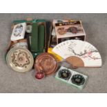 Two boxes of miscellaneous Oriental wares. Hand fan, Cutlery collection spoon & chopsticks set (
