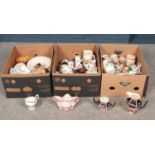 Three boxes of miscellaneous. Jugs, Character jugs, plates examples etc.