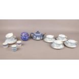 A selection of blue and white china, comprising of six Chapman cups and saucers, a Wedgwood Jasper