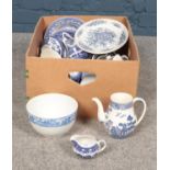 A collection of blue & white ceramics. Wedgwood, Alfred Meakin, Spode examples etc