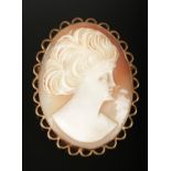 A 9ct gold shell cameo brooch with a portrait of a maiden. H- 5cm, W -3.5cm. Condition good.