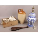 A group lot of ceramics and collectables. Including Doulton Lambeth stoneware flagon, Blue & white