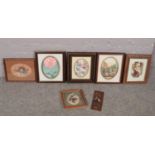 A selection of seven layered pictures in frames depicting, flowers, still life and animals etc.