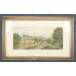 A framed watercolour, rural landscape with a river and bridge and a castle to the background, signed