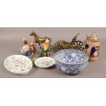 A group lot of mostly ceramics. Including Minton Haddon hall, Royal Doulton Bunnykins, Coalport