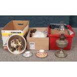 Three boxes of miscellaneous. Aladdin Industries Ltd Oil lamp, Royal Doulton cabinet plates,