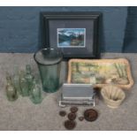 A box of miscellaneous . Including Victorian glass bottles, large glass vase, stoneware jelly mould,