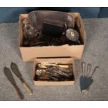 A box of silver and silver plate. Including three silver handled cake slices, flatware, silver plate