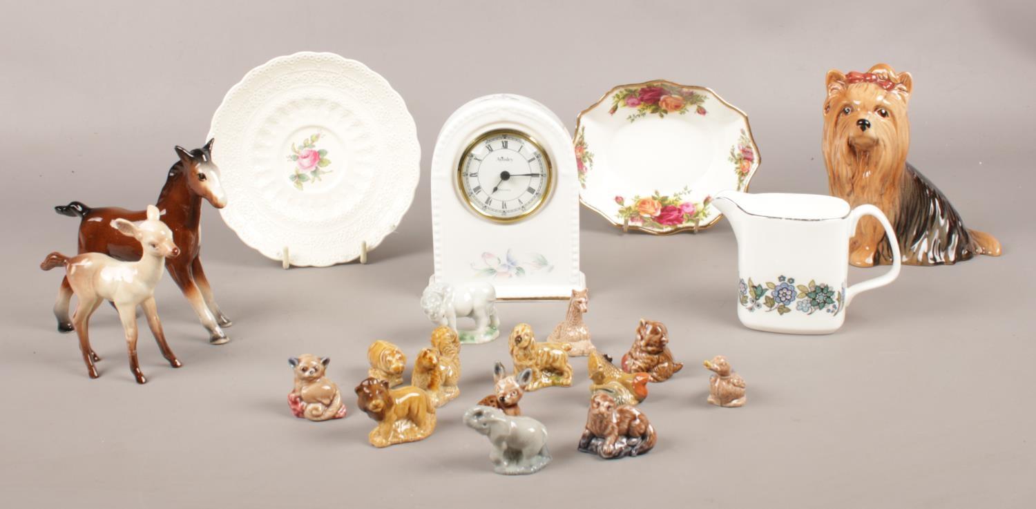 A group of ceramic's. Sylvac Yorkshire Terrier dog 5027, Aynsley 'Little Sweetheart' mantle clock,