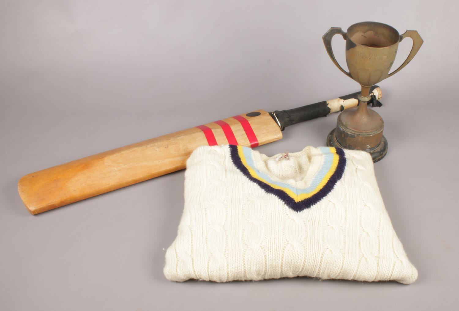 A YCCC Sweater, 'The Harrop Trophy' & a signed Shaw & Shrewsbury Test Special Cricket Bat. Trophy: