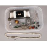 A quantity of silver jewellery oddments. Including coral earrings, cameo ring, agate cuff links,