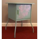 A pale blue metal bedside table / cupboard. H: 61cm,W: 46cm, D:46cm.