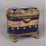 A 19th century blue glass & gilt metal mounted domed top casket. With hinged lid & ornate