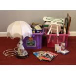 Two boxes of miscellaneous. Ceramic figure table lamp & Shade, Trains Illustrated magazines April