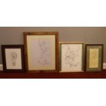 Four framed & glazed pencil drawings. Largest: H: 39cm, W: 29cm.