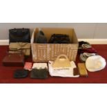 A box of ladies handbags, purses & hats - comprising of a 'Kipling' double sided purse, a '