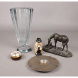 A group of various items. Includes Royal Doulton Winston Churchill, glass vase (signed to base),