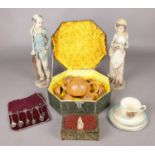 A mixed group of collectables. Includes cased Chinese teaset, Chinese box, pair of composite