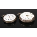 Two silver pocket watches. One assayed Chester 1889, the other stamped Fine Silver. Both in need