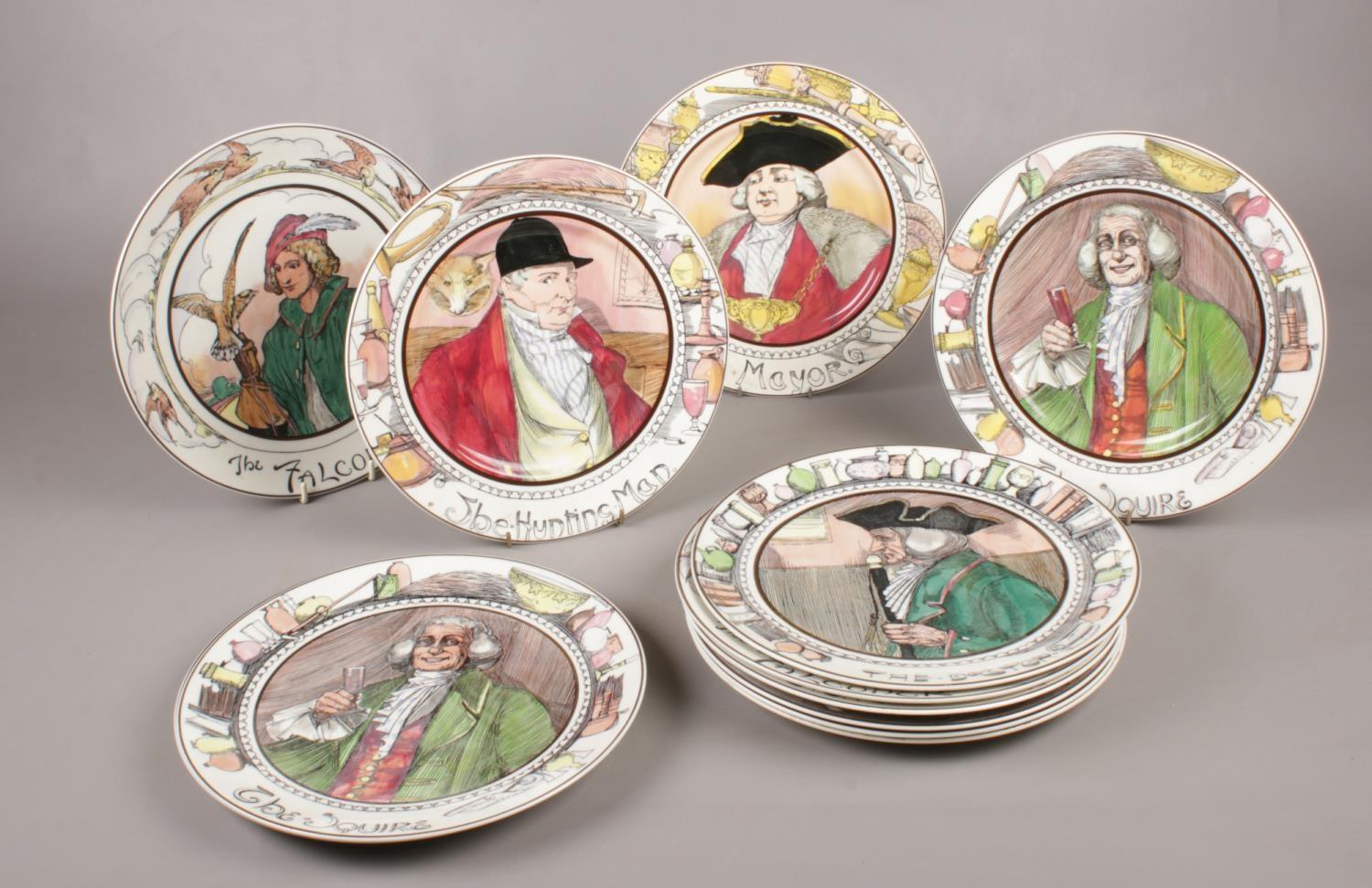 A collection of Royal Doulton plates. The Hunting Man, The Doctor, The Mayor, The Falconer