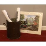 A Midland Railways Copper Hotel Bucket. To include a quantity of National Railway Museum Prints.