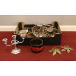 A box of miscellaneous. West Germany pottery plant pol, silver plate serving trays, teapot,