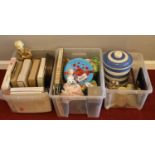 Three boxes of miscellaneous. Midwinter 'Brama' tea set, Royal Doulton cabinet plates (boxed), Table