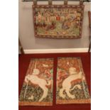 Three modern hanging tapestry's together with one pole. Lion & Unicorn tapestry: Length: 106cm, W: