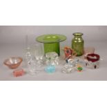 A collection of glassware. Includes green glass top hat vase, swan shaped dishes etc.