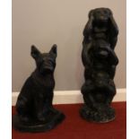 Two painted concrete garden figures - comprising of a French bulldog & a 'See no evil...' set of