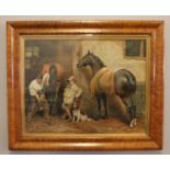 An early 20th Century figured walnut framed lithograph print, after Greenhill, The Village