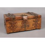 A Early 20th century pine and hardwood jewellery box. with copper mount decoration. (14cm height,
