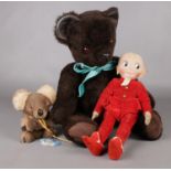 A group of soft toys. Merrythought vintage doll 36cm height, vintage teddy bear 63cm, Koala Republic