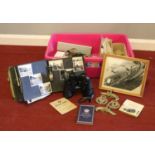 A box of collectables. A Photo album of vintage black & white photo's,, Ministry of Food Ration Book