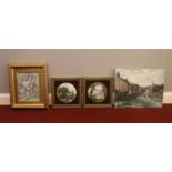 A collection of four pictures - comprising of a painting of a village scene (signed) , two framed