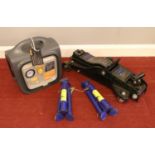 A quantity of car tools. Includes Halfords powerpack, Hilka 2 tonne jack stand and a SGS 2 tonne