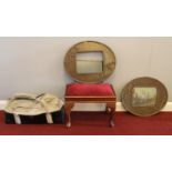 A box of miscellaneous - comprising of a Mahogany & Ash footstool with a red velvet top, two oval