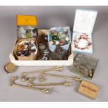 A box of collectables. Includes costume jewellery, empty alcohol miniatures, antique light fitting