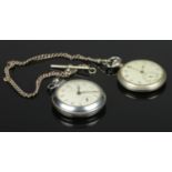 Two white metal pocket watches. Includes Ingersoll Triumph and the other on white metal albert