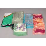 A selection of five vintage scarfs including (3 silk). Average size: L:78cm, W:76cm. Some some
