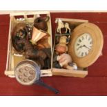 Two boxes of mainly woodenwares and metal items. Includes clock, leather horse, copper pan etc.