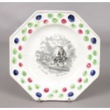 A 19th century octagonal pearlware plate. With printed fishing scene. (17cm). Hairline crack.