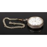 A H Samuel silver pocket watch on albert chain. Pocket watch stamped 935, albert chain unmarked.