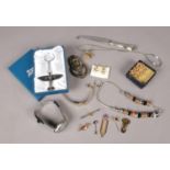 A group of collectables. Royal Air force key ring (boxed), quartz wristwatches, Pandora style