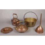 A quantity of mostly copper. Including teapot, brass jam pan, small hammered copper dish impressed