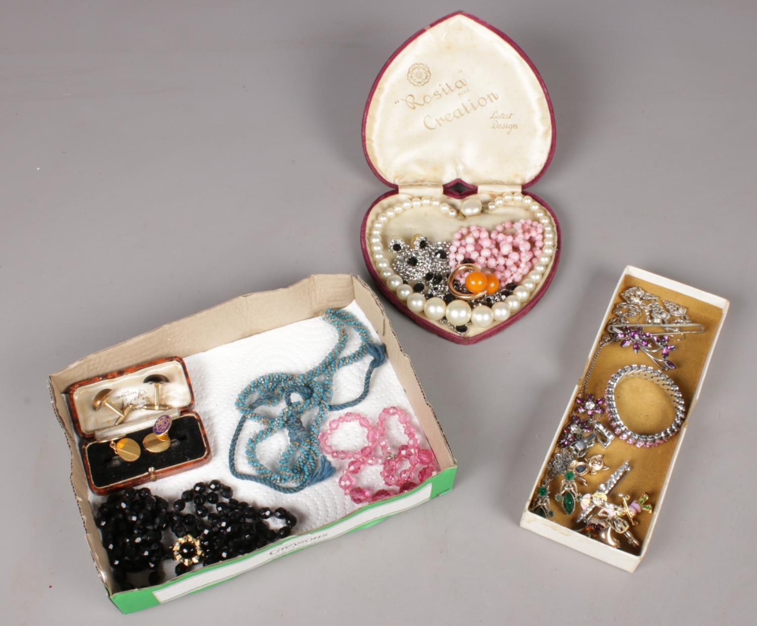 A collection of costume jewellery. Including simulated pearls, French jet, cuff links, marcasite,