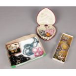 A collection of costume jewellery. Including simulated pearls, French jet, cuff links, marcasite,