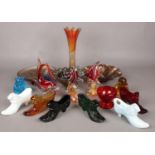 A quantity of coloured art glass. Including vase, carnival glass, animals, shoes, etc.