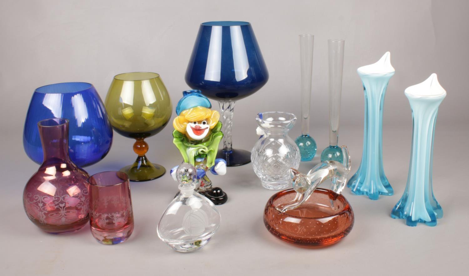 A collection of glassware's. Burns Crystal decanter (12cm height), Tipperary crystal vase (13cm