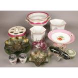 A group lot of mostly ceramics. Including Royal Winton planters, carnival glass, pedestal bowl, etc.